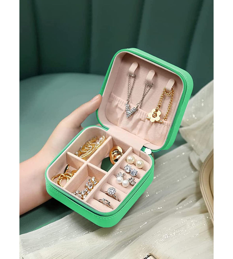 YouBella Jewellery Organiser Jewellery Make up Box PU Leather Zipper Portable Travel Storage Box Case with Dividers Container for Rings, Earrings, Necklace Home Organizer (Green)